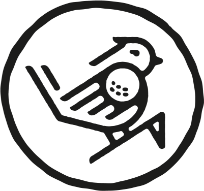 Dirdie Birdie logo – a graphic of a bird with a golf ball on its wing inside of a black circle.